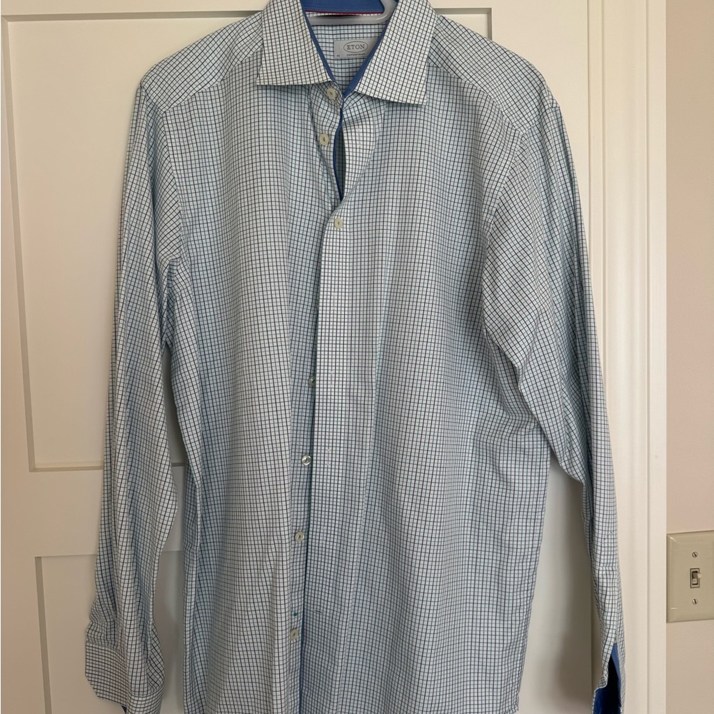 Eton Men's Light Blue Checkered Button Down Shirt